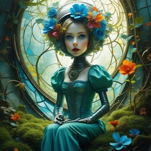 ethereal appearance. She is seated on a mossy, adorned with a mix of artificial flowers in shades of blue, puffy sleeves This is a highly detailed, adding to its mechanical aesthetic., created in a hyper-realistic style, stained-glass-like background that ...