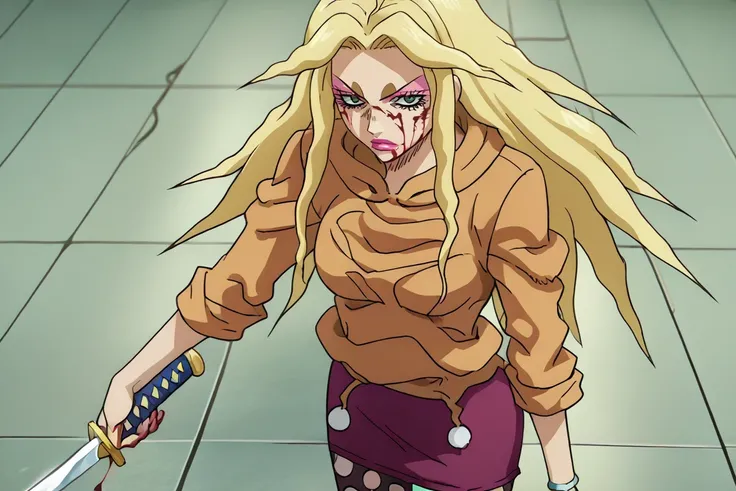 miumiu, BLONDE HAIR, hoodie,skirt,pantyhose, makeup, 1girl, score_9, score_8, score_7, solo, source_anime, lipstick, jewelry,Anime screencap, holding a sword, blood on floor, blood on face