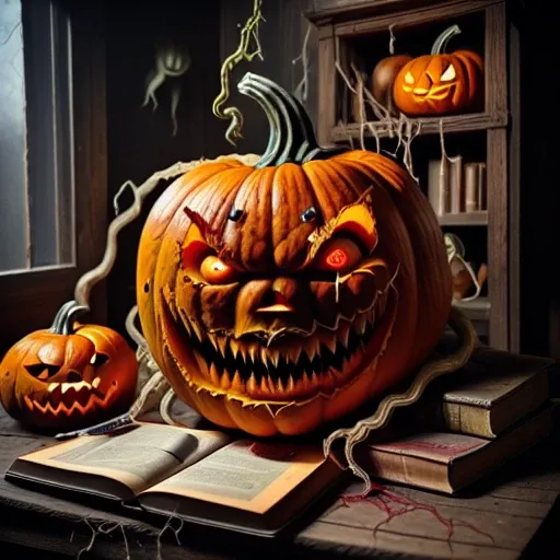 on top of old wooden table, evil looking carved pumpkin with sharp teeth, tendrils around pumpkin, glowing eyes, in mouth is severed hand, evil looking carved pumpkin on top of spell book, tendrils around pumpkin like arms