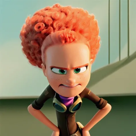 boots, goggles, brown pants, curly red hair, brown jacket, hair bun, belt, purple scarf, green eyes, freckles