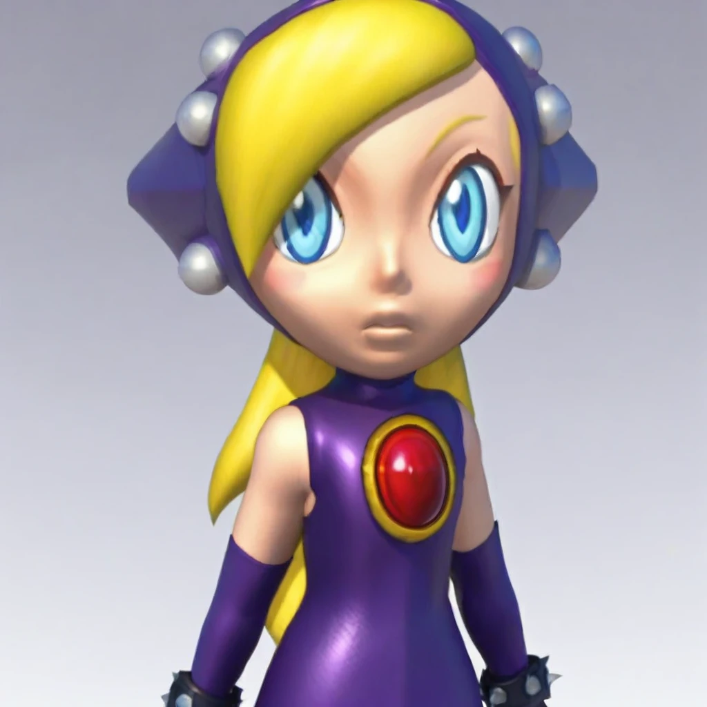 red gem on chest, puffy balls on hood, hair bang, sleeveless dress, blonde hair ponytail, exposed legs, purple dress, purple hood, blue eyes, long gold crown, long purple boots, Wapeach, long purple gloves, black bracelet