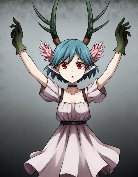 <lora:Q:1> qc0ntrol, 1girl, solo, pointy ears, short hair, antlers, choker, red eyes, blue hair, head wings, dress, gloves
 Shock,  Arms raised in victory