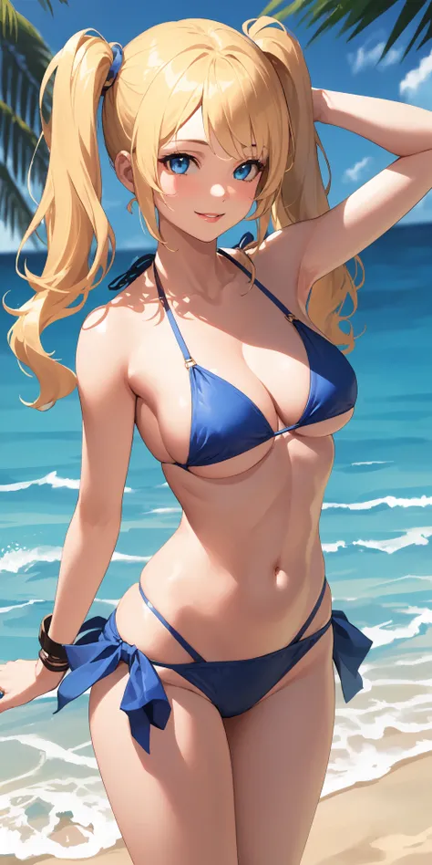 (1girl, woman, solo, smile, sexy, elegant, puffy lips, twintails, blonde hair, blue eyes, medium breasts, underboob), sling bikini top, bikini, tight bikini, standing, pointing at viewer, beach, sand, water, highres, sunlight