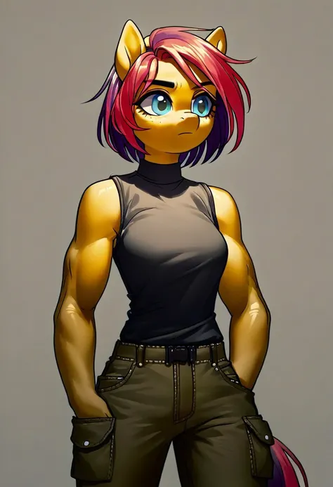 score_9, score_8_up, score_7_up, score_6_up, rating_safe, anime, (tsunbeji style), (source_pony), gynomorph, cargo pants, sleeveless black shirt, anthro