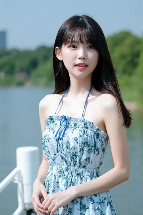 The image is a high-resolution photograph of a young Asian woman, likely in her early twenties wearing a halter dress, bokeh background, outdoor, <lora:flux_realism_lora:1>,   <lora:makinaflux_woojunging_v1.0:1>