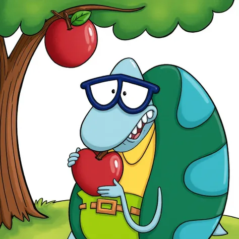 filburtsmodellife, full body drawing of a blue anthropomorphic turtle with large, round  glasses, wearing a yellow   shirt green overalls with a brown belt and gold belt buckle  The turtle has a wide, open-mouthed smile, showing small teeth.he is holding a...