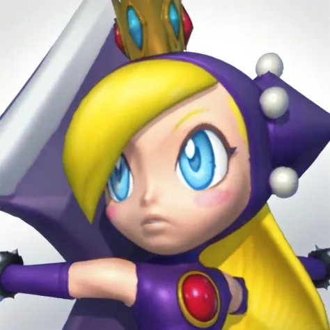 purple dress, sleeveless dress, long purple gloves, long purple boots, hair bang, blue eyes, puffy balls on hood, exposed legs, black bracelet, red gem on chest, Wapeach, long gold crown, purple hood, blonde hair ponytail