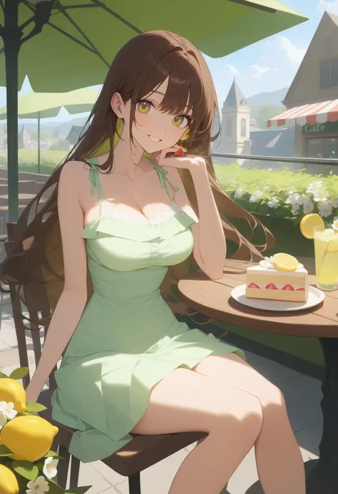 1girl,cafe, flowers, terrace, white sundress, looking at viewer, spring, outdoors, green theme, smile, long hair, dark brown hair, creamy eyes, sitting, cake, lemonade, lemons,
amazing quality, masterpiece, extremely detailed, beautiful, detailed, best qua...