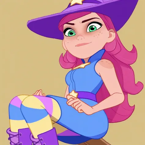 purple boots, sleeveless dress, Freckles, witch hat, blue bracelets, purple belt, star symbol on chest, Stella, long pink hair, green eyes, striped leggings