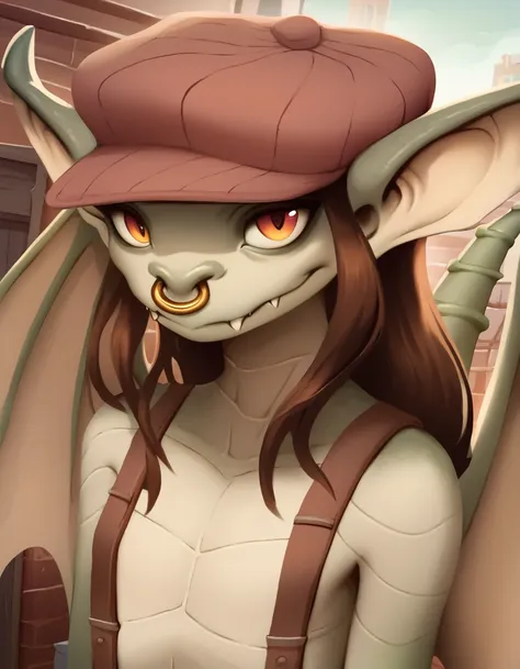 raydio,ivygargoyle, detailed and beautiful,female, score_9, suspenders, nose ring, hat, outside, belly scales, gargoyle, alleyway, bust portrait, flat chested, wings, looking at viewer, cel shading
<lora:ivy  xl 1024 v1 rank128 pony:1> <lora:raydio  xl 102...