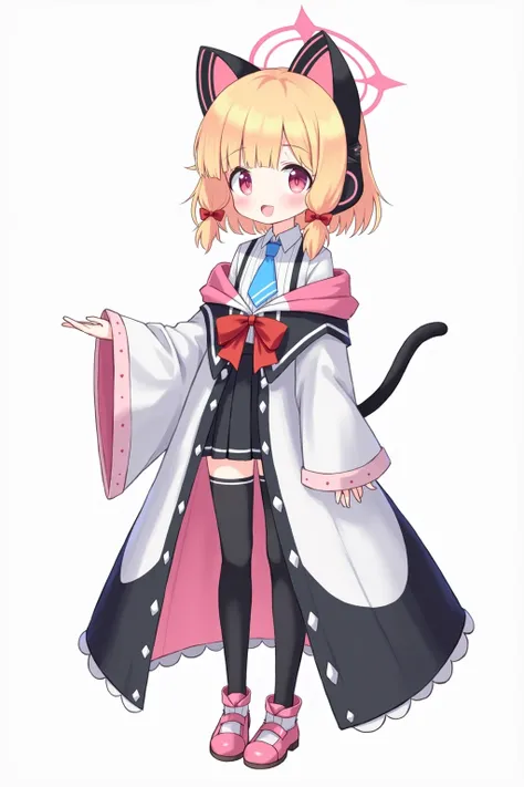 The character in the image appears to be a young girl with short blonde hair and pink eyes. She is wearing a black headband with cat ears, enhancing her playful and cute appearance. Her outfit consists of a long-sleeved white and black robe-like garment wi...