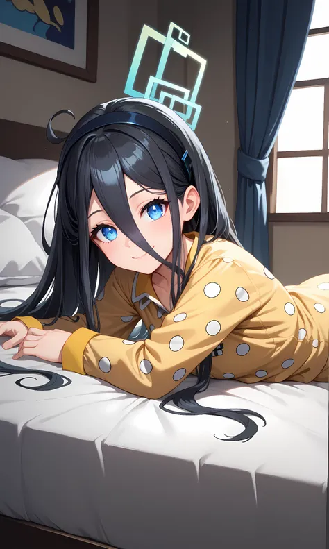 score_9, score_8_up, score_7_up, source_anime, 1girl, solo, indoors, bedroom, cowboy shot, looking at viewer, shiny skin, alice, blue eyes, black hair, absurdly long hair, hair between eyes, halo, hairband, yellow pajamas, polka dot print, long sleves, sho...