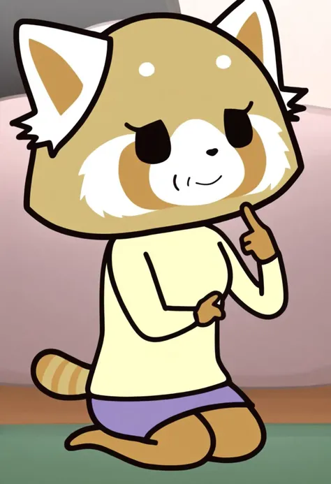 RetsukoMom, female, 1girl, solo, cartoon, furry, red panda, beige fur, white ears,
yellow shirt, purple skirt, red panda tail,
smiling, finger on chin,
kneeling, full body,