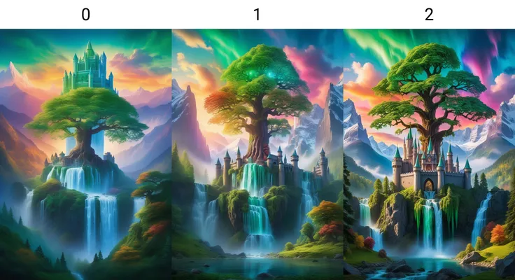 A colossal, ancient tree with leaves made of ice towers over a mystical castle. Green trees line both sides, while cascading waterfalls and an ethereal glow adorn the scene. The backdrop features towering mountains and a vibrant, colorful sky.<lora:sdxl_en...