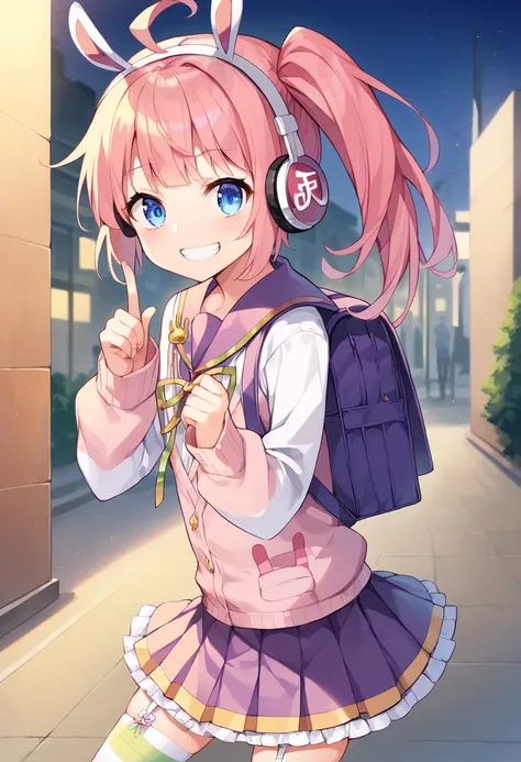 score_9,score_8_up,score_7_up,source_anime,masterpiece,best quality,game cg,1girl,solo,little_girl,petite,night,index_finger_raised,meu_meu,blue eyes,pink hair,side ponytail,headphones,fake animal ears,animal ear headphones,ahoge,multicolored clothes,schoo...