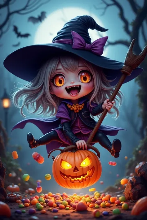 in the style of chibiw,  chibiwitches, cinematic, dramatic lighting, prismatic lens, full body shot,  a beautiful cute haunting chibi creepy witch, hair cover her face, hair on face,  tongue out, fangs, crazy eyes, flying on a hoover, terrorizing the villa...