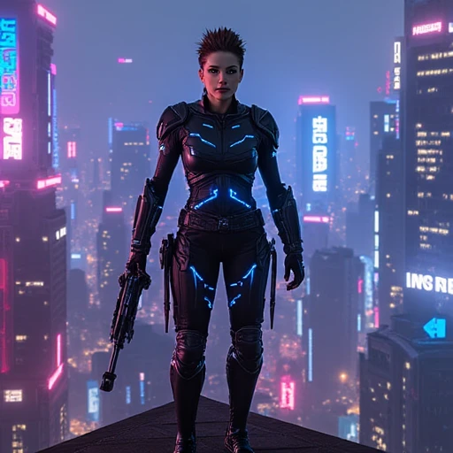 Ana Kasparian as a futuristic cyberpunk queen, standing atop a neon-lit skyscraper in a dystopian city. She wears sleek, high-tech armor with glowing blue circuitry running along her outfit. Her hair is styled in an edgy, futuristic cut, and her eyes have ...