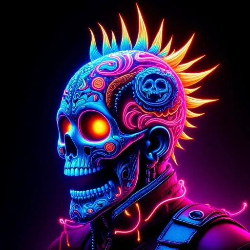 and orange. The skulls eye sockets glow with a bright, swirling patterns of bright colors, glowing blue face and body, digital drawing in a neon-lit, purple, neon light, adorned with intricate, neon-lit design, with intense neon colors including bright blu...