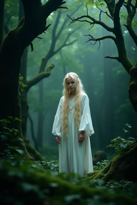 A young platinum-blond magical elf woman, silken braids cascading down her back, stands ethereal in a dimly lit misty forest glade. Framed by gnarled tree branches and emerald foliage, her 16-year-old figure is shrouded by a filmy white bell-sleeve robe th...