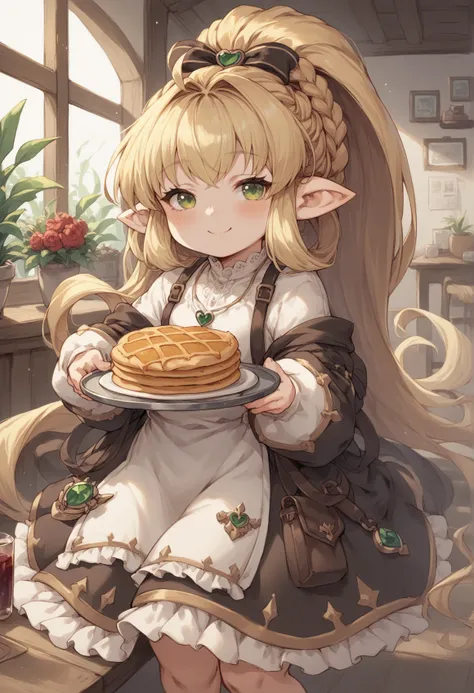 1girl, Absurdly Long Hair, blonde hait, green eyes, pointy ears, shortstack, dress, long sleeves, medallion, braid, ponytail, hair ribbon, indoors, holding tray, pancake, smile <lora:Melissabele_GB:1>, score_9, score_8_up, score_7_up, score_6_up, score_5_u...