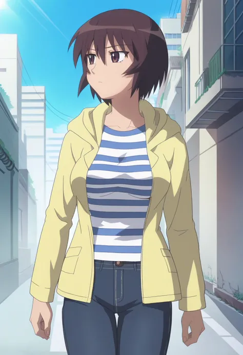 score_9, score_8_up, score_7_up, score_6_up, anime screencap, anime coloring, <lora:AMKagura:0.8>, AMKagura, 1girl, solo, short hair, brown hair, hair between eyes, brown eyes, breasts,
yellow hoodie, striped shirt, jeans,
looking away, walking, 
BREAK blu...