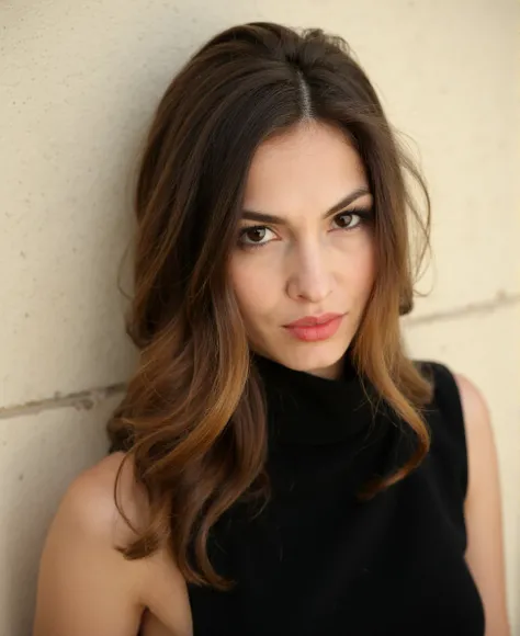 This is a high-resolution photograph of a young woman with fair skin and long, wavy brown hair that transitions to a lighter shade at the ends. She has a striking, intense gaze directed at the camera, with her large, dark brown eyes accentuated by subtle m...