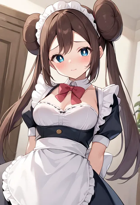 score_9, score_8_up, score_7_up, solo, 1girl, Rosa_(Pokemon), blue_eyes, white_pupils, brown_hair, long_hair, double_bun, twintails, medium_breasts, maid, maid_headdress, arms_behind_back, blush, nervous, indoors, black_dress,