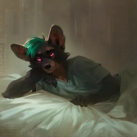 <lora:Killioma_Style_PonyXL:1> killioma, score_9, score_8_up, score_7_up, source_anime, source_cartoon, source_furry, rating_safe,  aardwolf, turquoise hair, magenta eyes, charcoal body, clothed, clothing, next to a riverbend, lying on bed, male, rating_sa...