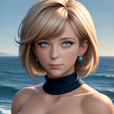 earrings, swept bangs, turtleneck, realistic, 1girl, blue eyes, ocean, breasts, simple background, bare shoulders