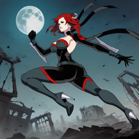 score_9, score_8_up, score_7_up, score_6_up, 1girl, solo, realistic, bloodrayne, breasts, short hair, cleavage, large breasts, red hair, boots, belt, high heels, bodysuit, thigh boots, black bodysuit, black ribbon coming out from metal ring in red hair, wr...