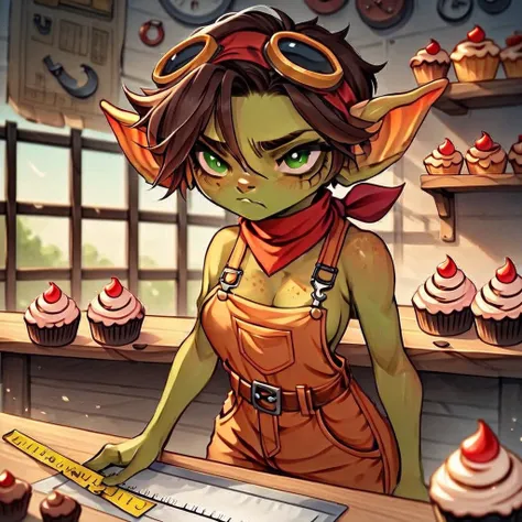 goblin girl,  green skin, long ears,short hair, dark brown hair,  Gabital, A red handkerchief around her neck, orange sleeveless work jumpsuit, brown gloves,Steampunk glasses on the head, freckles, skinny, side boob, bare shoulder, masturbating, large boob...