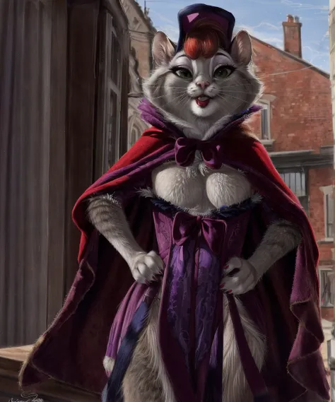 solo, miss kitty, female, green eyes, lipstick, cloak, bonnet, red hair, bedroom eyes, smile, hands on hips, town, by nuzzo,  <lora:MissKitty_03-Yiffymix-nd064-ep44:1>