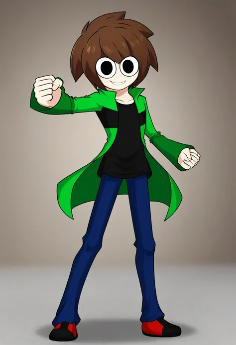 JackX, male, Green jacket, pants, parody style, Fighting Pose, Standing, Brown hair, black eyes, circular eyes, smile, solo