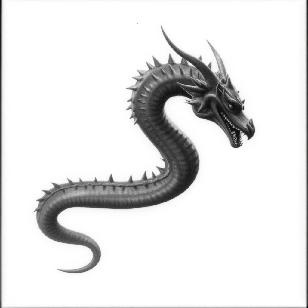 cinematic film still of  <lora:drawing style v1:0.9>
A drawing of a dragon head with a very long tail, solo, simple background, white background, monochrome, greyscale, horns, teeth, no humans, border, slit pupils, dragon, scales, drawing style, traditiona...