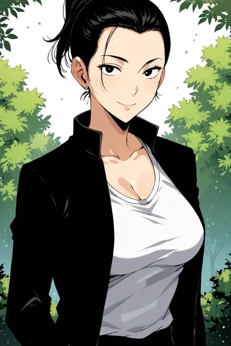 score_9, score_8_up, score_7_up, score_6_up, source_anime, rating_explicit, shiny skin,light particles,mature female, 1girl,solo,Narrow shoulders,slim body, small breast, cleavage, smiling

shirt, black hair, jacket, white shirt, ponytail, black eyes, blac...