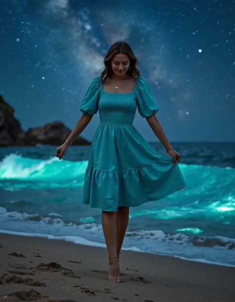 an exremly dynamic image featuring Meika Woollard, wearing a teal bohemi4ndr3ss.
Meika is captured in a dynamic pose, as if mid-stride or in motion, her body language exuding strength and confidence. Her movement a sense of energy and fluidity in the shot....