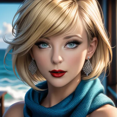 earrings, scarf, ocean, close-up, lipstick, eyelashes, swept bangs, indoors, blurry, blonde hair