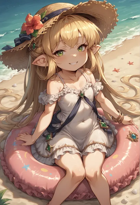 1girl, Absurdly Long Hair, blonde hait, green eyes, pointy ears, shortstack, swimsuit dress, frills, innertube, smile, straw hat, beach, outdoors <lora:Melissabele_GB:1>, score_9, score_8_up, score_7_up, score_6_up, score_5_up, score_4_up, BREAK source_ani...