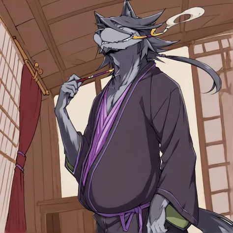 <lora:Halibel:1>, halibel, is a wolf human, with relatively long black fur, clad in a dishevelled black kimono, possessing worn-down purple accents, his golden eyes, are usually narrowed into two slits, he often likes biting on his golden kiseru with his t...