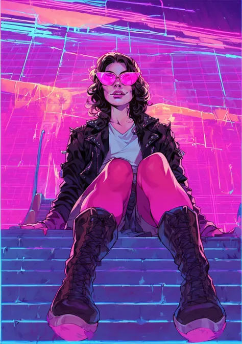 score_9, score_8_up, score_7_up, score_6_up,), ((flaviano_style)), 1girl,   <lora:Flaviano_style_for_Pony_XL:1>, pouty lips, seductive look and smile, leather jacket, pink sunglasses, boots, synthwave, neon colors, sitting on stairs