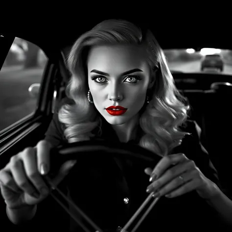 film noir style hyperrealistic,stuning woman long blonde hair ,blue eyes,gloss red lipstick,, shooting hoops, marbled skin, antebellum america before the civil war, calculating eyes, in police uniform, iso 3200, miming holding a steering wheel, in the roco...