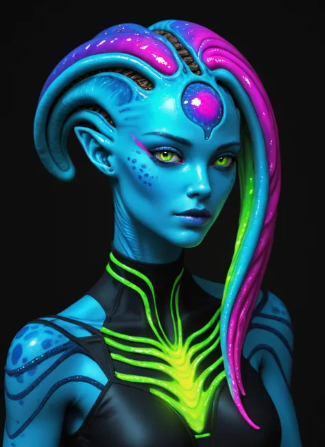 alien planet, vibrant colors
alien girl, blue skin, intricate green detailing