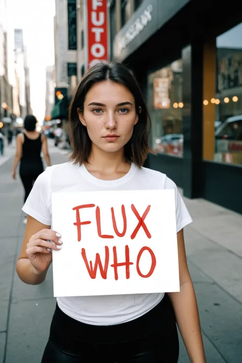 A detailed analog photo of a pretty woman holding a sign that says ("FLUX WHO?":1.3) (written in red ink), standing in the city, shes wearing a plain white t-shirt and tight black yoga pants, shot on a Fuji XT-3 on Provia 160 film, using an ultra wide angl...