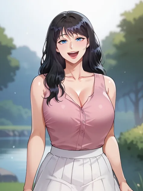 score_9, score_8_up, score_7_up, score_6_up, source_anime, <lora:neg4all_bdsqlsz_V3.5:2.0> Ryeong, 1girl, blue eyes, black hair, long hair, white skirt, cleavage, pink shirt, open mouth, looking at viewer, sleeveless shirt, mature female, ahoge, collarbone...