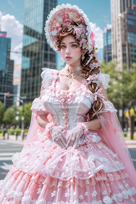 (masterpiece, best quality:1.2),illustration,8k,hd,1girl,solo,brown hair,long hair,cowboy shot,
jlxz,pink dress,jewelry,frills,hair ornament,bonnet,pearl necklace,long dress,pink ribbon,frilled gloves,lace gloves,pink glove,pink bow,
(collarbone:1.2),large...