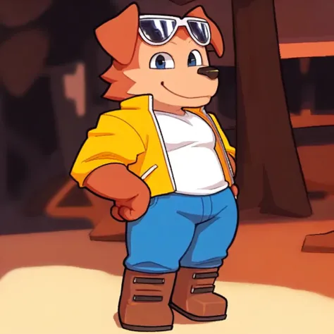 score_9, score_8_up, score_8, furry, Dylan, dog, orange fur, sunglasses on head, cartoon style, 2d, male, pecs, thick thighs, wide hips, yellow overcoat, white undershirt, blue pants, boots, solo, standing, hands on hips, looking at viewer, smile, outside