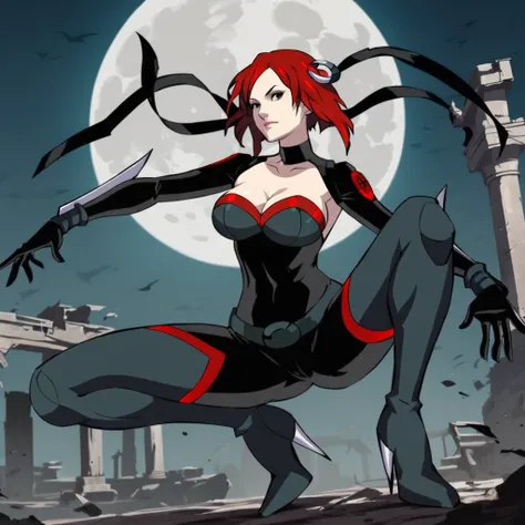 score_9, score_8_up, score_7_up, score_6_up, 1girl, solo, realistic, bloodrayne, breasts, short hair, cleavage, large breasts, red hair, boots, belt, high heels, bodysuit, thigh boots, black bodysuit, black ribbon coming out from metal ring in red hair, wr...