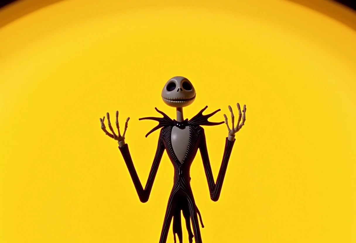 JS p3rs0n Jack Skellington from The Nightmare Before Christmas, standing in the center of the frame with a yellow background. He is wearing his signature black and white striped shirt, black pants, and a black hat with a white feather. His eyes are wide an...