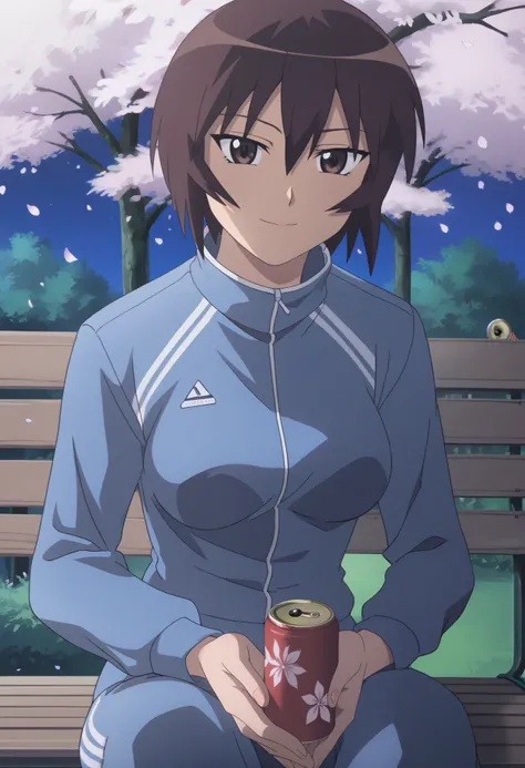 score_9, score_8_up, score_7_up, score_6_up, anime screencap, anime coloring, <lora:AMKagura:0.8>, AMKagura, 1girl, solo, short hair, brown hair, hair between eyes, brown eyes, breasts,
track jacket, track pants,
looking at viewer, seductive smile, sitting...