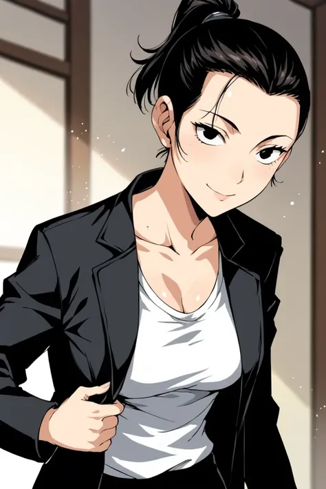 score_9, score_8_up, score_7_up, score_6_up, source_anime, rating_explicit, shiny skin,light particles,mature female, 1girl,solo,Narrow shoulders,slim body, small breast, cleavage, smiling

shirt, black hair, jacket, white shirt, ponytail, black eyes, blac...